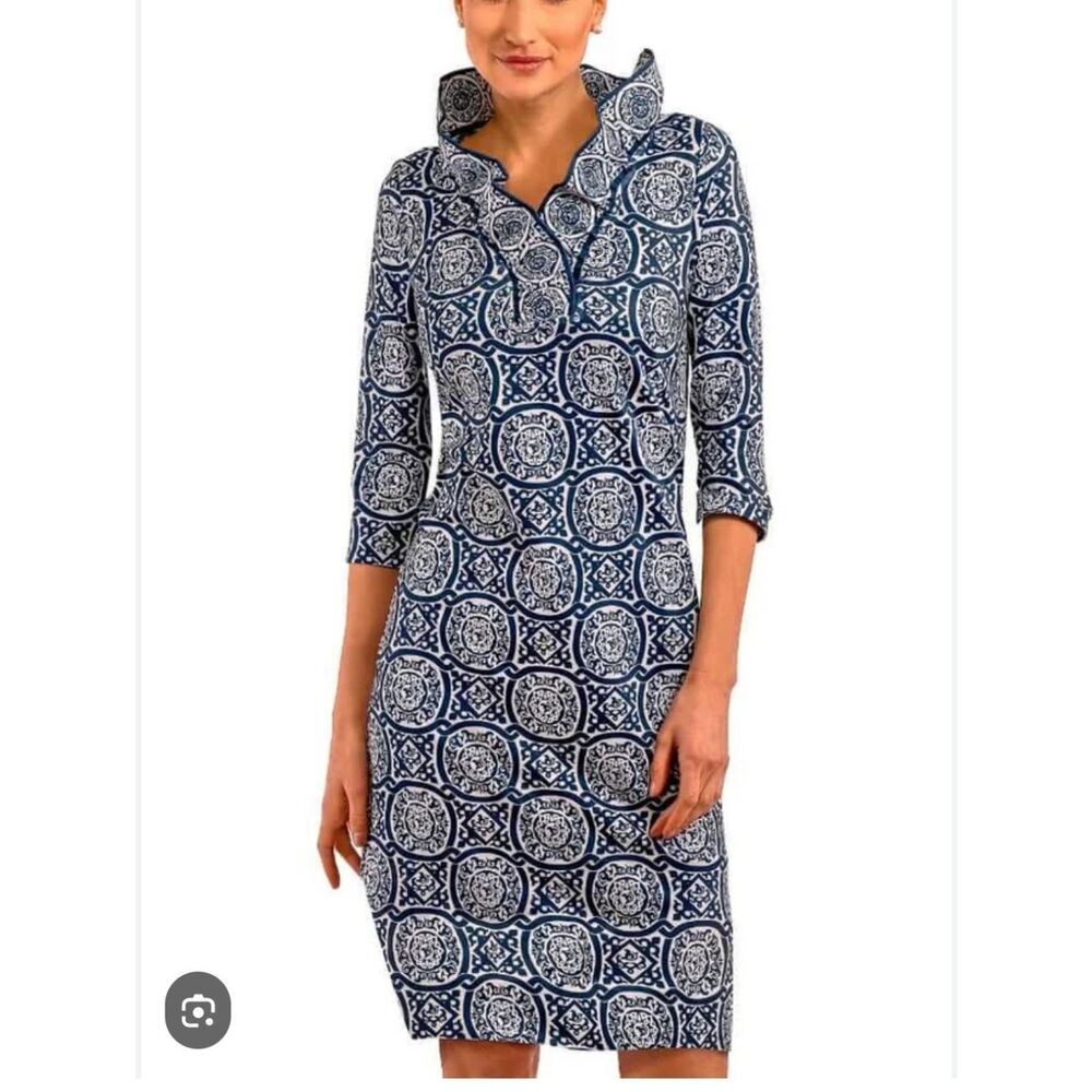 Gretchen Scott Designs Sultan's Dining Room Blue Print Shift Dress Sz Shrimp